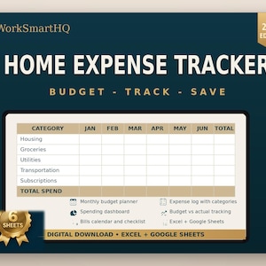 May include: A dark teal digital home expense tracker for 2026 with tabs for budget, expenses, bills, dashboard, and yearly views. The interface includes a table for categories like housing and groceries, plus a 6-sheet gold badge.