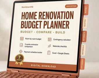 Planificador de presupuesto para reformas del hogar (hoja de cálculo / Rastreador de costos de remodelación en Excel), comparación de contratistas, presupuesto por habitación.