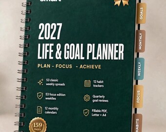 Planificador de vida y metas 2027 en PDF / Planificador diario, semanal y mensual imprimible, cuaderno de trabajo para establecer metas, registro de hábitos, planificador digital rellenable