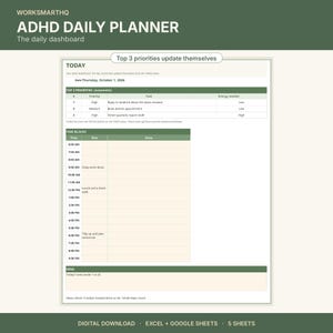 以下が含まれることがあります： 緑とクリーム色の配色によるADHDデイリープランナーのデジタルテンプレート。レイアウトには、トップ3の優先事項、午前6時から午後9時までの時間枠、達成事項のセクションが含まれています。テキストには「WORKSMARTHQ」「ADHD DAILY PLANNER」「The daily dashboard」と記載されています。