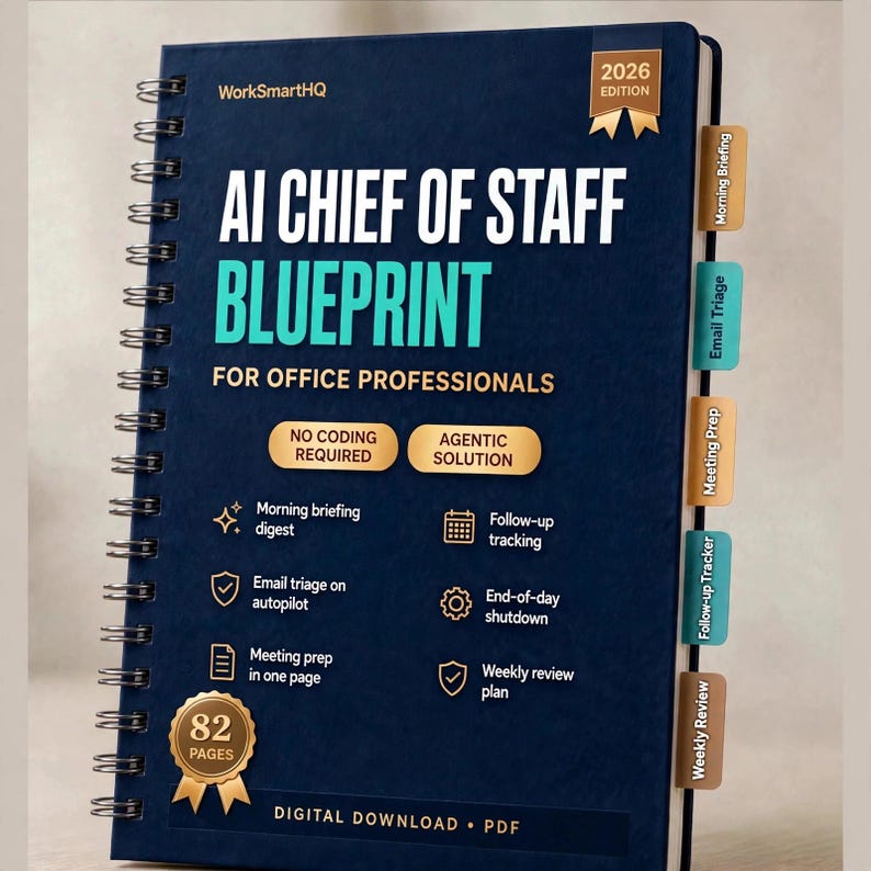 May include: A dark blue spiral-bound 2026 edition planner titled AI CHIEF OF STAFF BLUEPRINT FOR OFFICE PROFESSIONALS. It features gold badges, tabs labelled Morning Briefing, Email Triage, Meeting Prep, Follow-up Tracker, and Weekly Review, and 82 pages.