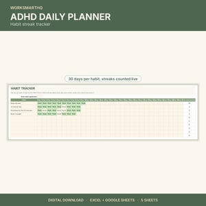 以下が含まれることがあります： WORKSMARTHQ ADHD DAILY PLANNER Habit streak trackerというテキストが記載された緑色のヘッダーを持つ、デジタルADHDデイリープランナーおよび習慣トラッカー。グリッドには習慣ごとに30日間が表示され、TRUEまたはFALSEの入力項目があります。