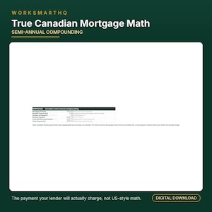 Może przedstawiać: Cyfrowy dokument zatytułowany True Canadian Mortgage Math na ciemnozielonym tle. Zawiera tabelę szczeg&oacute;łowo opisującą kapitał hipoteczny, stopy procentowe, liczbę płatności i sumy, wyjaśniając p&oacute;łroczną kapitalizację odsetek.