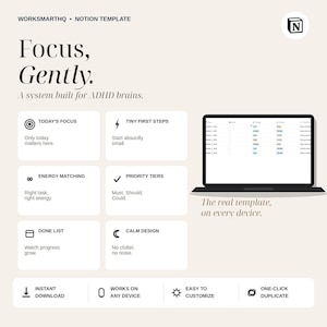 Gentle ADHD Focus Tracker Notion Template | Habit Tracker, Brain Dump, Daily Planner (Digital Download) image 3