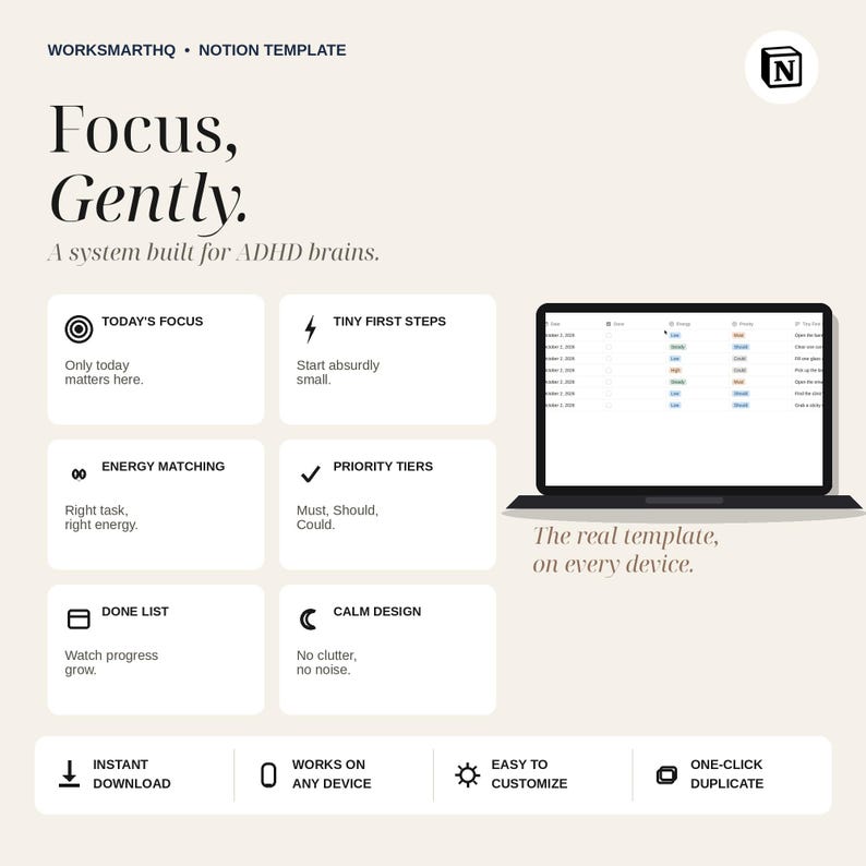 Gentle ADHD Focus Tracker Notion Template | Habit Tracker, Brain Dump, Daily Planner (Digital Download) image 3