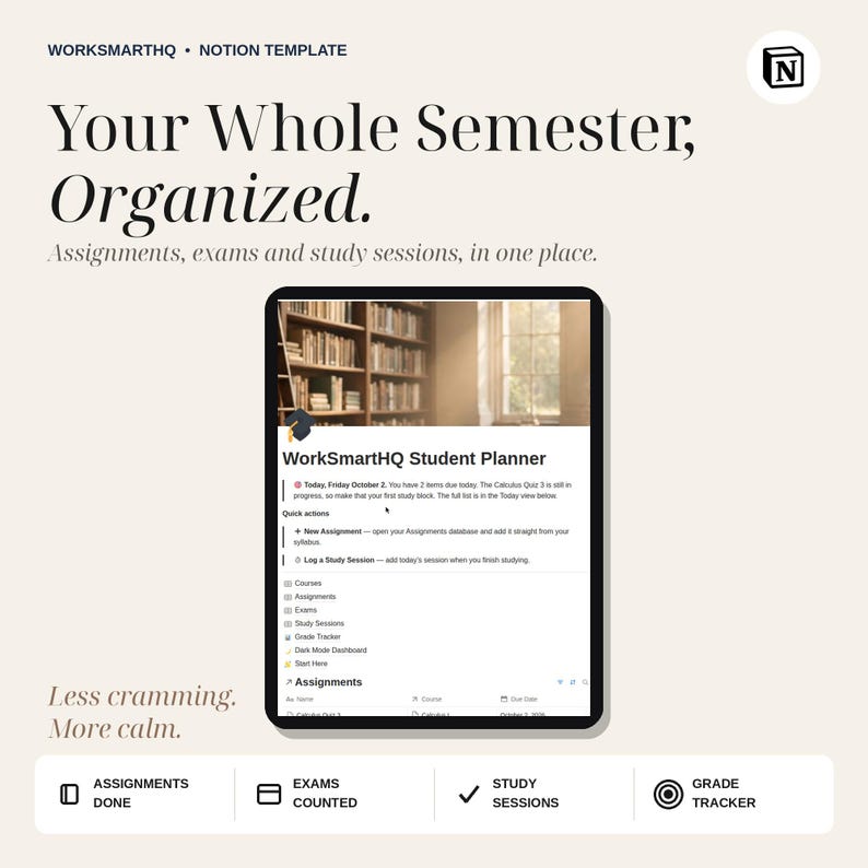 Plantilla de planificador estudiantil de Notion / Seguimiento de tareas, calendario de exámenes, panel de control de promedio de calificaciones (descarga digital) imagen 2