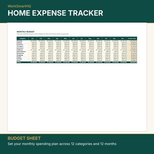 May include: A digital home expense tracker spreadsheet titled WorkSmartHQ Home Expense Tracker. The table displays a monthly budget with 12 categories including housing, utilities, and groceries, organized across 12 months with a yearly total column.