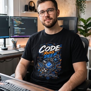 T-shirt « Code Runs Deep », T-shirt graphique humoristique pour programmeurs, Cadeau pour ingénieurs logiciels, Vêtements pour geeks de la technologie