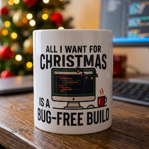 Könnte beinhalten: Ein weißer Keramikbecher mit dem schwarzen Text ALL I WANT FOR CHRISTMAS IS A BUG-FREE BUILD, einer Grafik eines Computermonitors mit Code-Anzeige, einer Lichterkette und einer kleinen roten Kaffeetasse mit aufsteigendem Dampf.