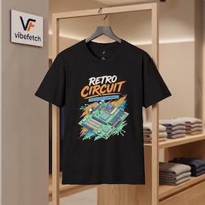 May include: A black short-sleeved t-shirt featuring a graphic print of a computer motherboard with the text "RETRO CIRCUIT" in orange and "OLD SCHOOL HARDWARE" in white, accented by blue and orange abstract brush strokes.