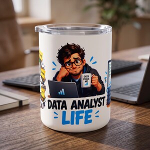 Data Analyst Mug with Lid, Funny Data Wrangler Coffee Cup, SQL Python Excel Gift, Analytics Desk Accessory