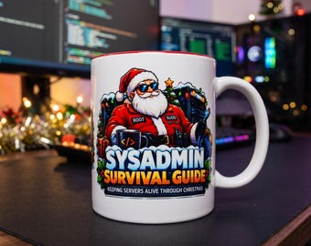 May include: A white ceramic mug with a red interior and handle. The front features a graphic of Santa Claus wearing sunglasses and a red jacket with the text ROOT and SUDO. Below is the text SYSADMIN SURVIVAL GUIDE KEEPING SERVERS ALIVE THROUGH CHRISTMAS.