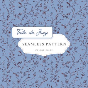 May include: A seamless pattern featuring dark purple botanical illustrations of thin, winding stems with small flowers and leaves on a light blue background. Text overlays read Toile de Jouy, SEAMLESS PATTERN, and JPG PNG 300 DPI.