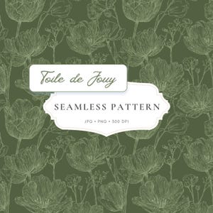 Może przedstawiać: Bezszwowy wzór z ciemnooliwkowym tłem i białymi rysunkami liniowymi tulipanów oraz małych kwiatów. Tekst na obrazie brzmi Toile de Jouy, SEAMLESS PATTERN, JPG, PNG, 300 DPI, umieszczony na dwóch białych etykietach.