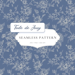 Può includere: Un motivo senza cuciture con disegni a linee bianche di rami floreali su uno sfondo blu polvere. Le sovrapposizioni di testo includono Toile de Jouy, SEAMLESS PATTERN e JPG PNG 300 DPI. Il design è composto da illustrazioni botaniche ripetute.