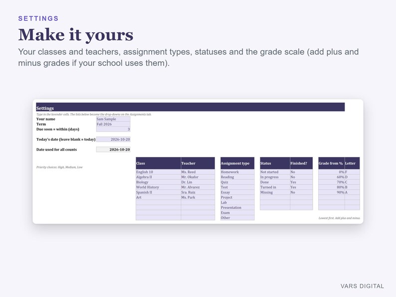 Hoja de cálculo para el seguimiento de tareas, deberes y calificaciones para estudiantes de secundaria y universidad (Excel) imagen 6