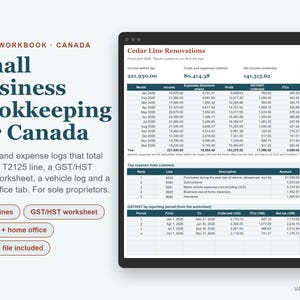 K&ouml;nnte beinhalten: Eine Excel-Arbeitsmappe f&uuml;r die Buchhaltung kanadischer Kleinunternehmen. Die Oberfl&auml;che zeigt Finanzdaten von Cedar Line Renovations, einschlie&szlig;lich Einnahmen, Ausgaben und GST/HST-Arbeitsbl&auml;ttern. Text: T2125-Zeilen, Fahrzeug- und B&uuml;roprotokolle.