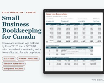 Spreadsheet voor de boekhouding van kleine bedrijven in Canada, werkblad voor btw-aangifte (GST/HST), Excel-bestand voor inkomsten en uitgaven (T2125).