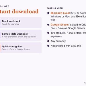 May include: An informational graphic titled Instant download listing three files: a blank workbook, a sample-data workbook, and a quick-start guide. It specifies compatibility with Microsoft Excel and Google Sheets, noting capacity for 100 products.