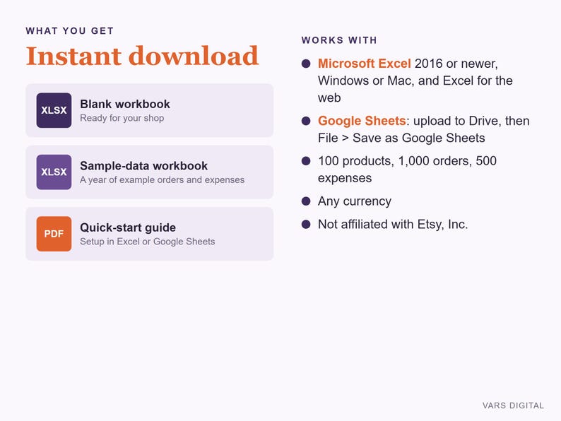 May include: An informational graphic titled Instant download listing three files: a blank workbook, a sample-data workbook, and a quick-start guide. It specifies compatibility with Microsoft Excel and Google Sheets, noting capacity for 100 products.