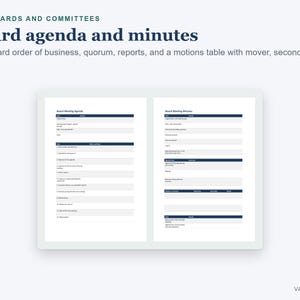 May include: A digital document template for boards and committees titled Board agenda and minutes. It features a standard order of business, quorum, reports, and a motions table with columns for mover, seconder, and result in dark blue text.