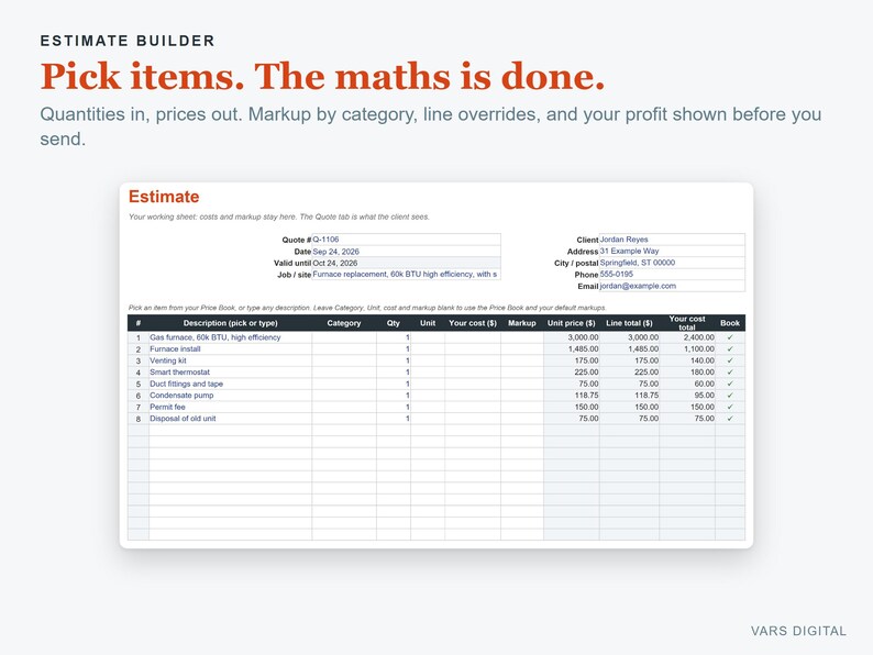 HVAC Estimate Template Excel, Heating and Cooling Quote & Job Costing Spreadsheet image 3