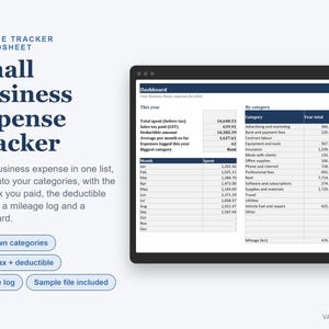 Pu&ograve; includere: Un foglio di calcolo digitale per il monitoraggio delle spese per piccole imprese, con una dashboard che mostra tabelle per spese mensili, tasse e categorie. Il testo include Expense Tracker Spreadsheet, Small Business Expense Tracker e VARS DIGITAL.