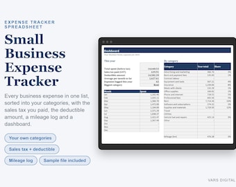 Small Business Expense Tracker Spreadsheet, Business Expense Log with Categories, Mileage Log, Tax Deductible Tracker, Excel