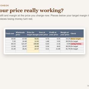 Op de afbeelding: Een Profit Check grafiek getiteld Is your price really working? met tekst over kosten, winst en marges. De tabel toont kolommen voor totale kosten, groothandelsprijs, doel-marge, kosten, winst en marge met statusindicatoren.
