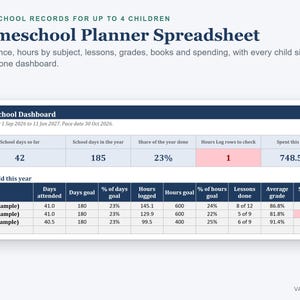 Homeschool Planner Spreadsheet, Attendance Tracker, Hours Log and Grades for Multiple Kids (Excel) image 1