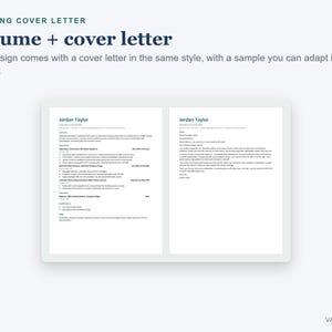 May include: A digital document template featuring a resume and a matching cover letter side-by-side. The text includes the name Jordan Taylor, professional experience, and contact details. The header reads Matching Cover Letter, Resume + cover letter.