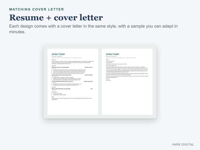 May include: A digital document template featuring a resume and a matching cover letter side-by-side. The text includes the name Jordan Taylor, professional experience, and contact details. The header reads Matching Cover Letter, Resume + cover letter.