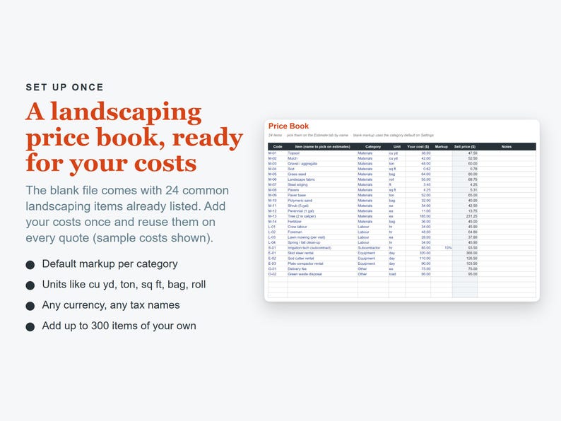 K&ouml;nnte beinhalten: Eine digitale Tabellenvorlage f&uuml;r Landschaftsbau-Preislisten mit Spalten f&uuml;r Code, Artikel, Kategorie, Einheit, Kosten, Aufschlag und Verkaufspreis. Der Text lautet: SET UP ONCE, A landscaping price book, ready for your costs, und mehr.