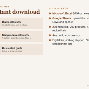 Pu&ograve; includere: Un grafico informativo su un prodotto digitale intitolato Instant download. Elenca tre file: un calcolatore vuoto, un calcolatore con dati di esempio per decorazioni con palloncini e una guida rapida. Richiede Microsoft Excel o Google Sheets.