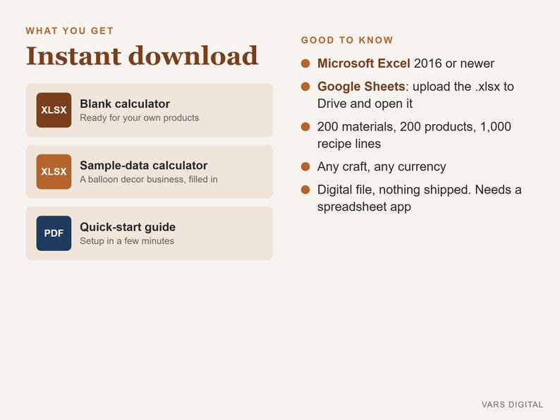 Pu&ograve; includere: Un grafico informativo su un prodotto digitale intitolato Instant download. Elenca tre file: un calcolatore vuoto, un calcolatore con dati di esempio per decorazioni con palloncini e una guida rapida. Richiede Microsoft Excel o Google Sheets.