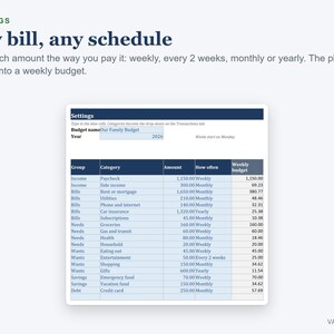 Weekly Budget Planner Spreadsheet, Spending Tracker with Bills and Savings (Digital Download) image 2
