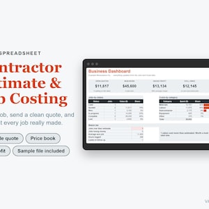 May include: An Excel spreadsheet template for contractor estimate and job costing, featuring a business dashboard with financial data, job status tables, and cost categories. Includes buttons for printable quote, price book, job profit, and sample file.