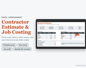 Contractor Estimate Template Excel, Job Costing Spreadsheet, Construction Quote Template