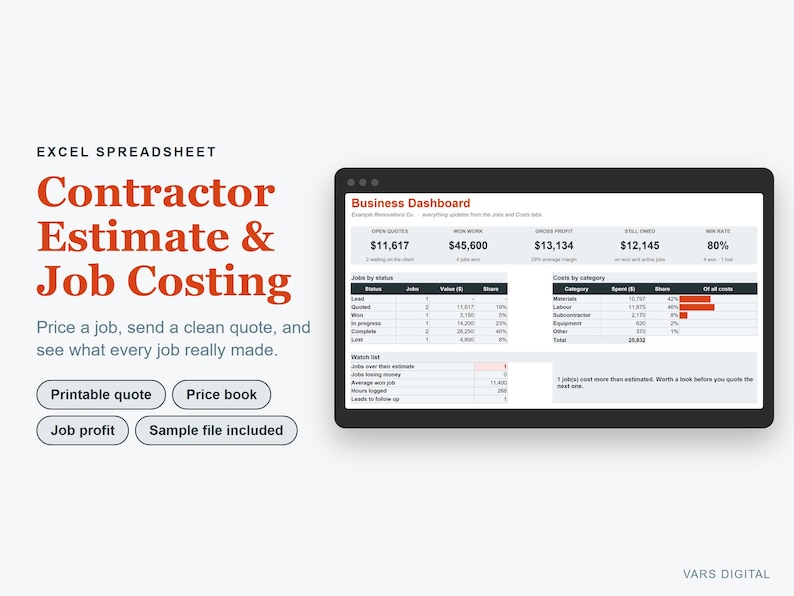 May include: An Excel spreadsheet template for contractor estimate and job costing, featuring a business dashboard with financial data, job status tables, and cost categories. Includes buttons for printable quote, price book, job profit, and sample file.