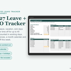 May include: A digital 2027 Leave + PTO Tracker spreadsheet displayed on a screen. The interface shows a Leave Dashboard 2027 with team totals, off this week, balances, and next leave booked sections. Text includes labels for balances, month calendar, half days, holidays, and sample file included.