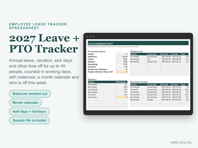 May include: A digital 2027 Leave + PTO Tracker spreadsheet displayed on a screen. The interface shows a Leave Dashboard 2027 with team totals, off this week, balances, and next leave booked sections. Text includes labels for balances, month calendar, half days, holidays, and sample file included.