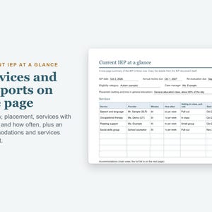 May include: A document titled Current IEP at a glance featuring a summary table for services and supports. The form includes fields for IEP date, annual review, re-evaluation, eligibility category, case manager, and placement details.
