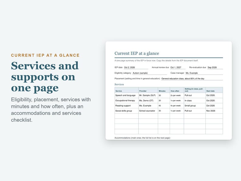 May include: A document titled Current IEP at a glance featuring a summary table for services and supports. The form includes fields for IEP date, annual review, re-evaluation, eligibility category, case manager, and placement details.