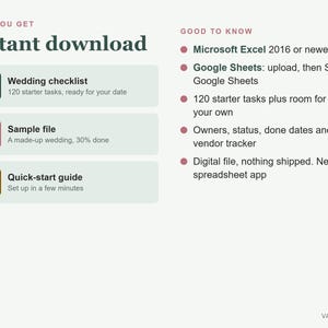 Pode incluir: Uma infografia de lista de verifica&ccedil;&atilde;o de casamento para download instant&acirc;neo. Lista tr&ecirc;s ficheiros: uma lista de verifica&ccedil;&atilde;o, um ficheiro de exemplo e um guia de in&iacute;cio r&aacute;pido. O texto inclui requisitos para Microsoft Excel 2016 ou superior.