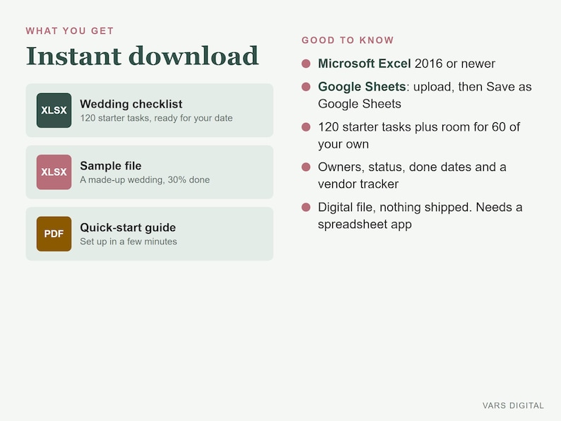Pode incluir: Uma infografia de lista de verifica&ccedil;&atilde;o de casamento para download instant&acirc;neo. Lista tr&ecirc;s ficheiros: uma lista de verifica&ccedil;&atilde;o, um ficheiro de exemplo e um guia de in&iacute;cio r&aacute;pido. O texto inclui requisitos para Microsoft Excel 2016 ou superior.