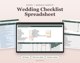 Wedding Checklist Spreadsheet, Wedding Timeline and To Do List with Vendor Tracker (Excel)