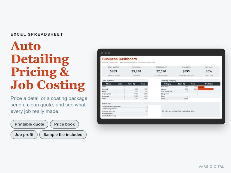 Auto Detailing Business Spreadsheet, Car Detailing Pricing Calculator, Excel Quote & Job Costing Template image 1