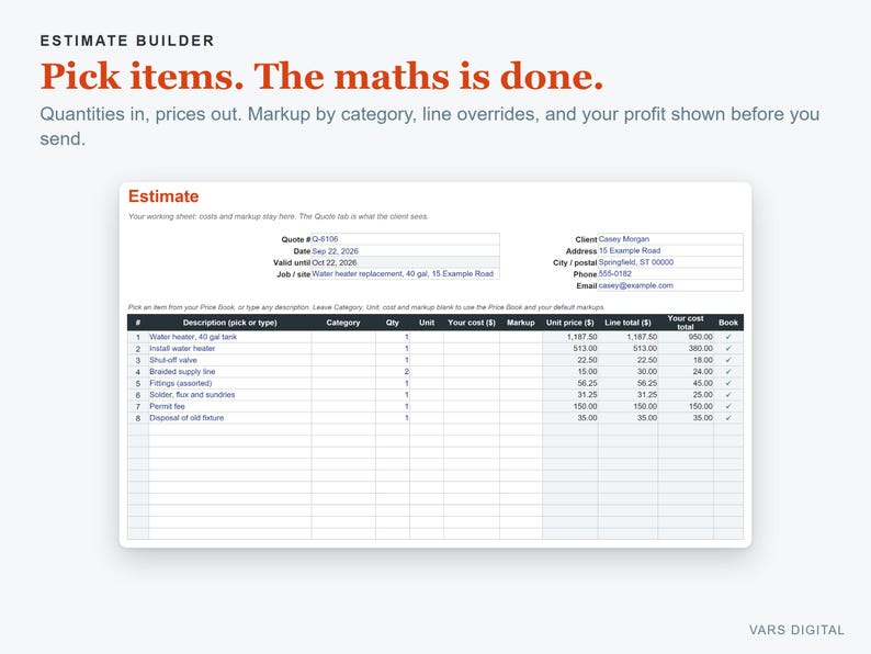 May include: A digital estimate builder interface featuring the text Estimate Builder, Pick items. The maths is done., and a detailed spreadsheet table with columns for description, category, quantity, unit, cost, markup, unit price, and line total.