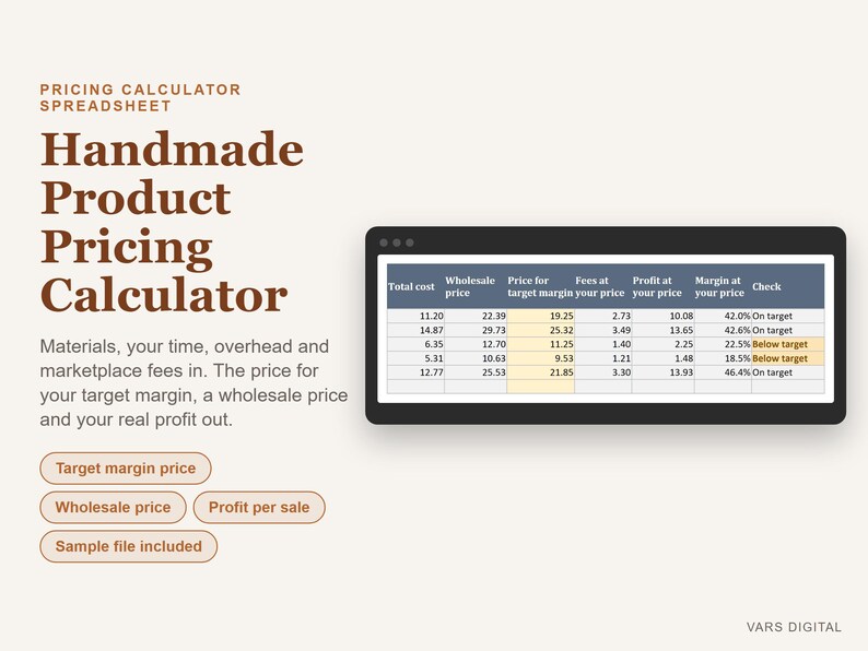 Hoja de cálculo para calcular precios para vendedores de productos artesanales, calculadora de precios de productos en Excel, plantilla de precios para artesanías imagen 1