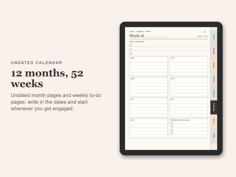 Digital Wedding Planner, Undated Hyperlinked PDF for Tablets, Budget, Guest List, Vendors, Checklist zdjęcie 7